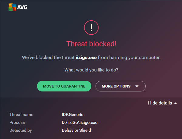 Example where iiziGo executable 'iizigo.exe' is blocked by anti-virus, here AVG